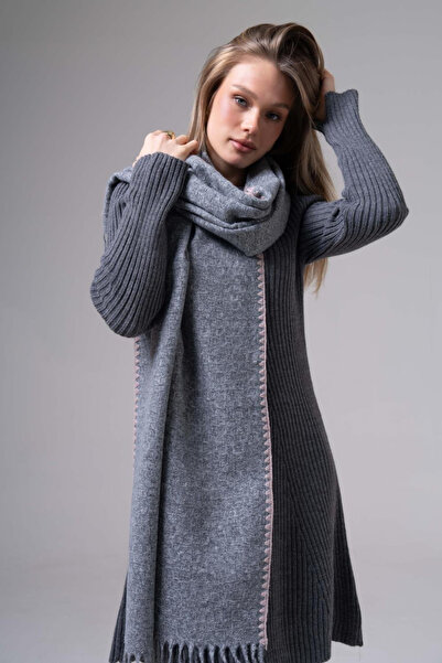 HERCHES Piped Detail Winter Plain Wool Scarf - Ashy Gray