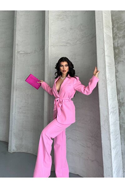 SUXİRCNHTMTS Kadın Beli Kuşaklı Blazer Ceket Pantolon Takım – Şık Ofis Kombini