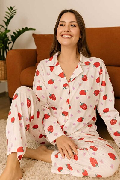 Tenra Γυναικείο Σετ Πιτζάμες με Κουμπιά Πάνω από το Μέσο, Υφασμάτινο Μιλανέζικο Σχέδιο Φράουλα