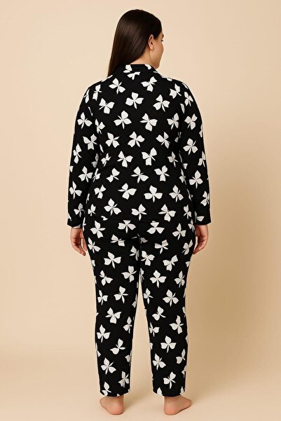 Pemilo Women's 20703 plus size buttoned pajama set black