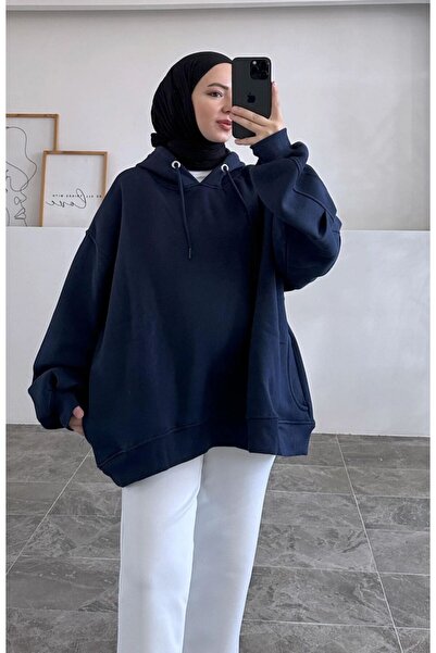onlymoon Navy Blue Oversized Sweatshirt ♦   3 Threaded Rasterized ♦   100% Cotton ♦   Hooded ♦   Hijab ♦   Comfortable Fit