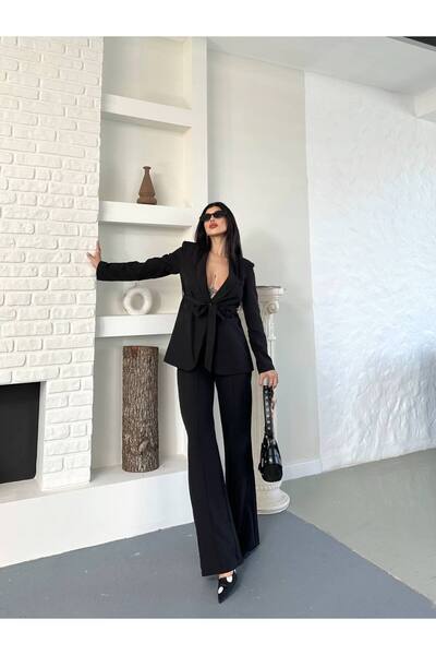 SUXİRCNHTMTS Kadın Beli Kuşaklı Blazer Ceket Pantolon Takım – Şık Ofis Kombini