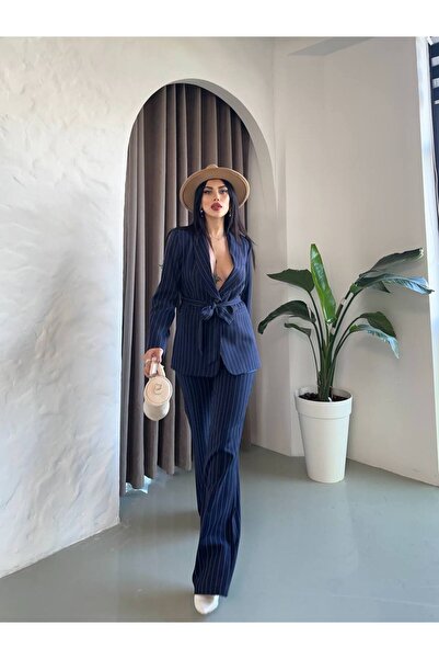 SUXİRCNHTMTS Смугастий блейзер з поясом і брюками – жіночий офісний стиль