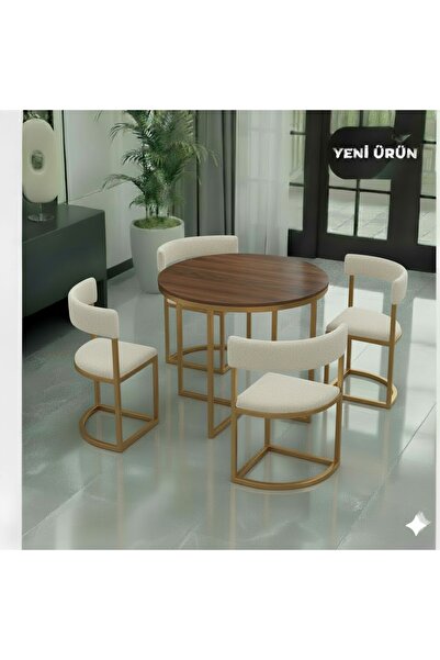 EDMONDA EV AKSESUAR MELİS GOLD METAL 90 CM ÇAP YUVARLAK YEMEK MASASI TAKIMI 4...