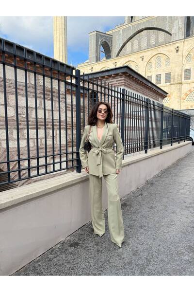 SUXİRCNHTMTS Kadın Beli Kuşaklı Blazer Ceket Pantolon Takım – Şık Ofis Kombini