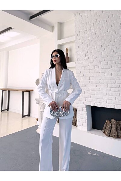 SUXİRCNHTMTS Γυναικείο Σετ Παντελόνι με Ζώνη και Μπλέιζερ – Κομψό Σύνολο για το Γραφείο