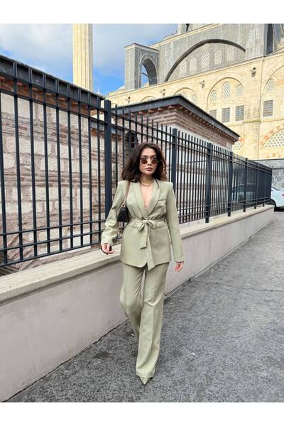 SUXİRCNHTMTS Kadın Beli Kuşaklı Blazer Ceket Pantolon Takım – Şık Ofis Kombini