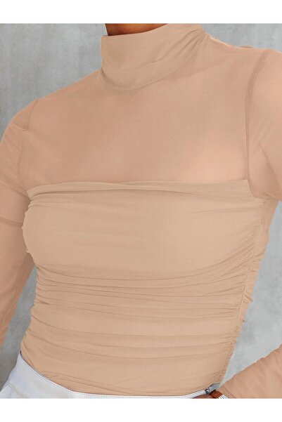 REORIA Women's Trendy Sexy Mock Turtle Neck Long Sleeve Sheer Mesh Ruffle Bodysuit Top