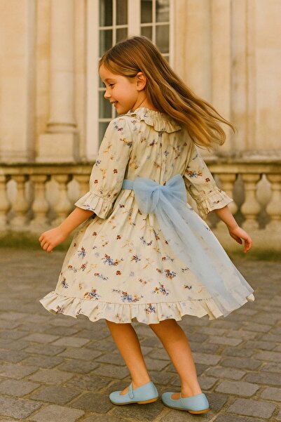 La reina petite Classic floral dress with sky blue tulle bows