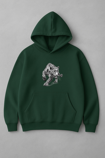 LORVEX Черно-бяла суитшърт с качулка и принт на ягуар отпред, унисекс, с голя...