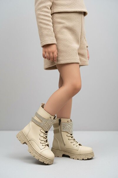 Görkem bebe ayakkabı ve tekstil Girl's Black Leather Thermo Sole Stone Detailed Lace-Up and Zippered Velcro Boots