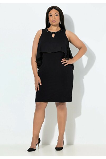 Şans Women's Plus Size Black, Collar Beading Work Chiffon Cape Dress 65N39221