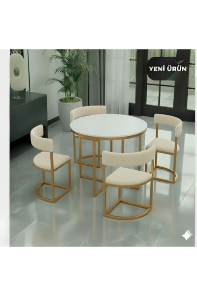 EDMONDA EV AKSESUAR MELİS GOLD METAL 90 CM ÇAP YUVARLAK YEMEK MASASI TAKIMI 4...