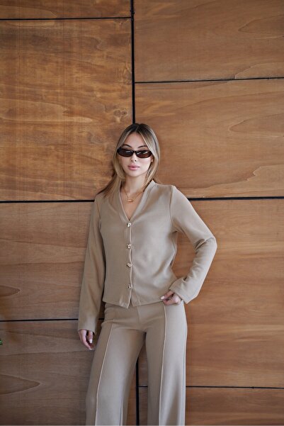 cemo Thessaloniki Fabric Wide Leg Buttoned Jacket Women's Suit