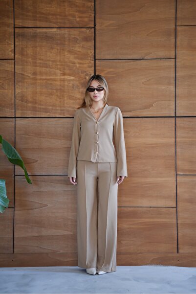 cemo Thessaloniki Fabric Wide Leg Buttoned Jacket Women's Suit