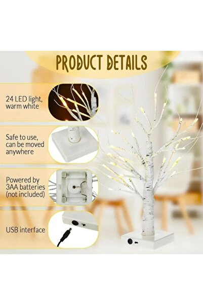 Kardett Decorative birch tree 60 cm with 24 warm white LEDs, USB lamp and batteries, luminous tree