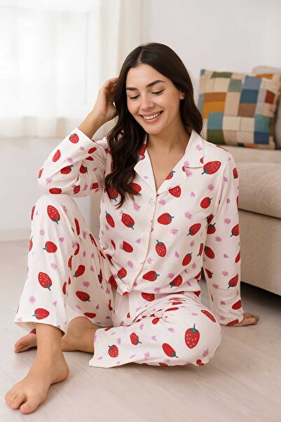 Tenra Γυναικείο Σετ Πιτζάμες με Κουμπιά Πάνω από το Μέσο, Υφασμάτινο Μιλανέζικο Σχέδιο Φράουλα