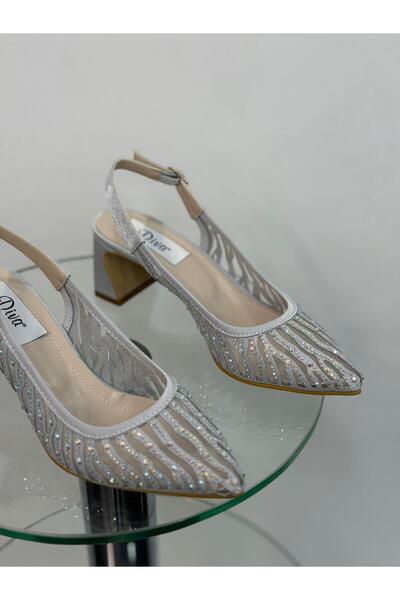 DİVA Gümüş Taşlı Fileli Topuklu Kadın Ayakkabı