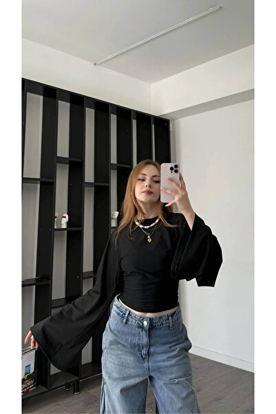 bysoca بلوزة نسائية سوداء بياقة دائرية وأكمام إسبانية من قماش الغوص المريح للجسم