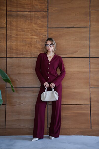 cemo Thessaloniki Fabric Wide Leg Buttoned Jacket Women's Suit