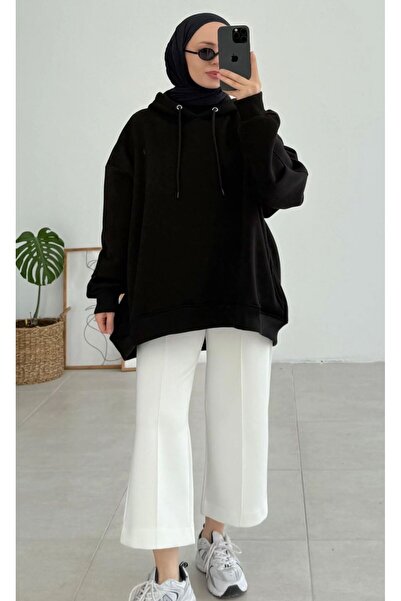 onlymoon Μαύρο φούτερ oversized ♦   3 Νήματα Στρογγυλής Σχεδίασης ♦   100% βαμβάκι ♦   με κουκούλα ♦   Χιτζάμπα ♦   Άνετη εφαρμογή