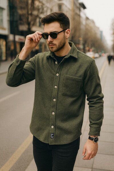 VEZİR MODA Erkek Kaşe Gömlek – Ekru Renk, Cepli, Soğuk Havalara Uygun