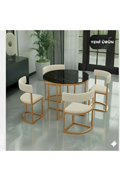 EDMONDA EV AKSESUAR MELİS GOLD METAL 90 CM ÇAP YUVARLAK YEMEK MASASI TAKIMI 4...