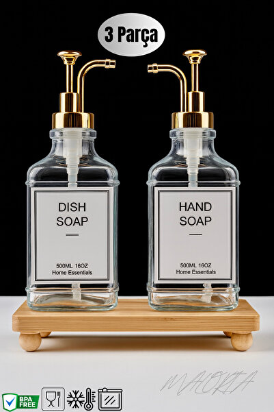 Maloria Gold Tıpalı, Bambu Misket Standlı Dispenser, Cam Sabunluk | 3 Parça -...