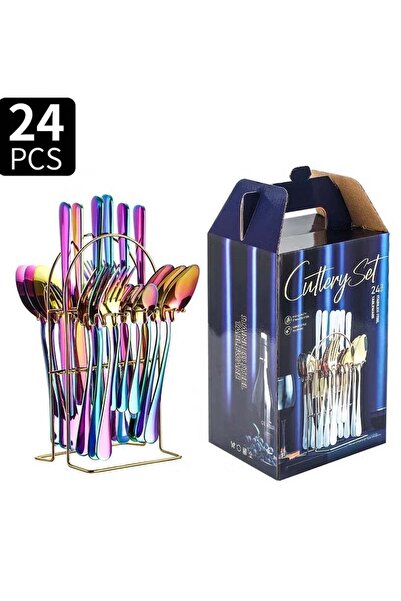 Generic 24-Piece Stainless Steel Cutlery Set with Stand – Rainbow Finish