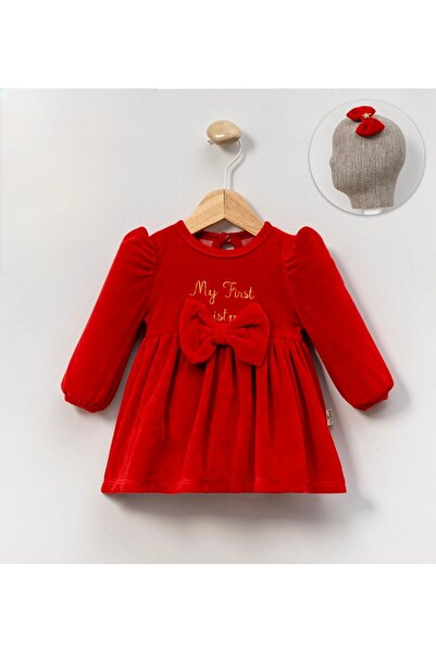 Bilge Trend My First Christmas New Year's Themed Baby Girl Balloon Sleeve Dress with Bow Detail (Buckle Is a Gift)