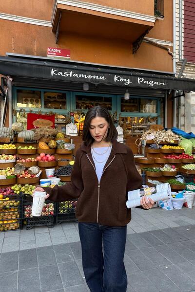 mylove Polo Yaka Fermuarlı Hırka Acı Kahve