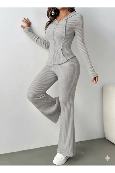 buğrahayalin Women's Long Sleeve Hooded Front Zipper Ribbed Knit Blouse and Pants Double Suit