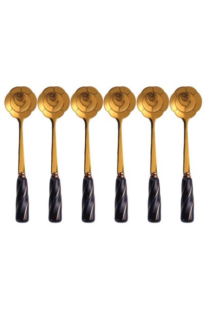 Generic 6-Piece Rose Flower Shaped Coffee Spoon Set Gold/Black 12 x 2.8cm