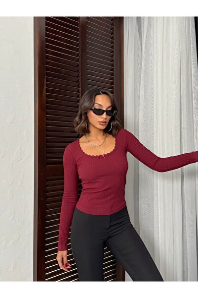 peralist Γυναικεία μπλούζα με λαιμόκοψη σε σχήμα U με δαντέλα με μακρυμάνικο βαμβακερό φιόγκο πλέξη ριμπ