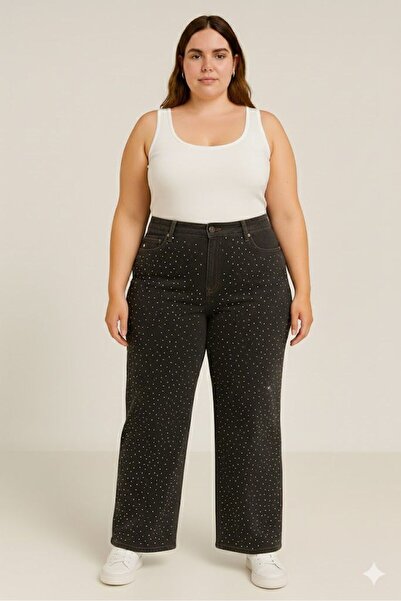 nd jeans بنطلون جينز نسائي كبير الحجم بأرجل واسعة مزين بالأحجار