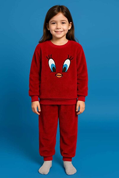 RAHAF TİCARET Çocuk polar eşofman sıcak tutan peluş takım kışlık sevimli desenli 2'li set alt üst takım