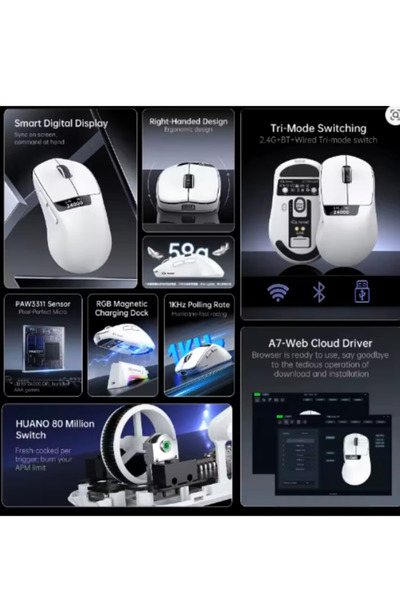ATAsoft Freewolf A7 Kablosuz Dijtal Ekranlı Oyuncu Mouse PAW3311 1000 Hz 24000 DPI Bluetooth Mouse