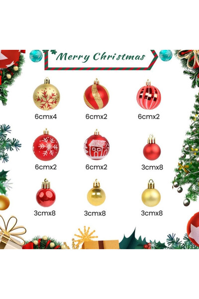 Dotail Set of 44 Christmas Globes, Plastic, 3-6 cm, Various Designs, Hooks, Red and Gold