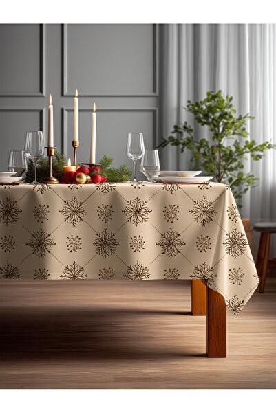 Medi Home Modern Kış Temalı Bej Kar Tanesi Deseni Masa Örtüsü
