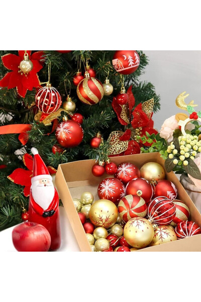 Dotail Set of 44 Christmas Globes, Plastic, 3-6 cm, Various Designs, Hooks, Red and Gold