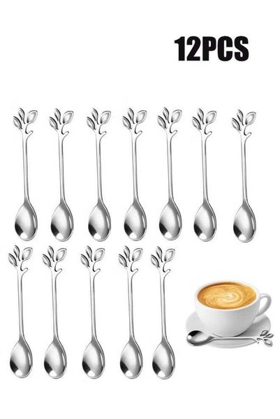 Generic 12 PCS Elegant Silver Leaf Coffee Spoons 4.9" Mini Stainless Steel Es...
