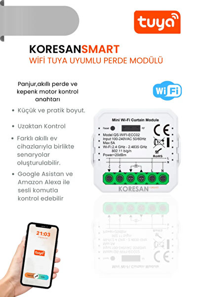 koresan Tuya WiFi Tuya Perde Panjur Kepenk Modülü + RF Alıcılı