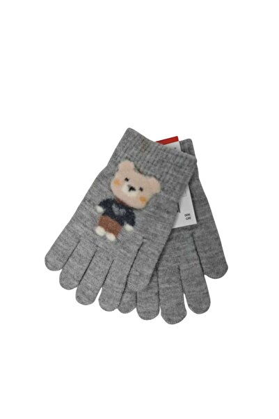 Kitti Spteks 4-8 Yaş Erkek Çocuk Gri Renk Ayıcık Figürlü Kışlık Örme Eldiven