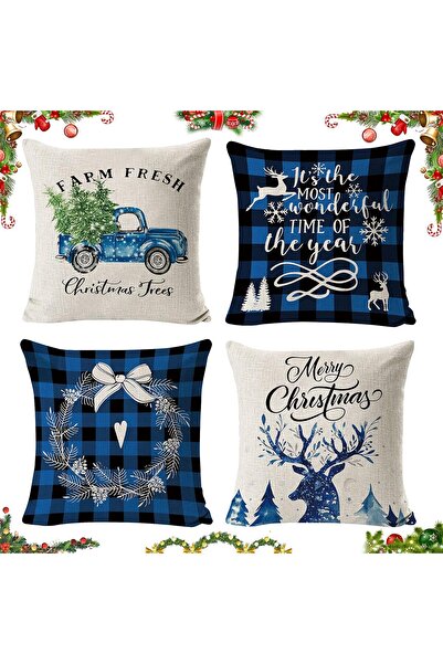 OEM Set of 4 pillowcases, Christmas theme, 45x45 cm, zipper, white and blue