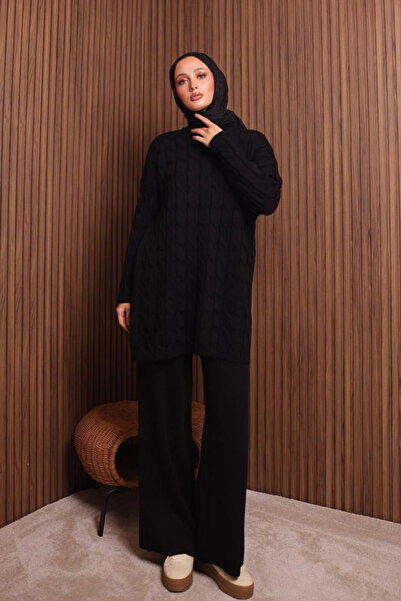 Mogi Butik Women's Oversized Hair Braid Pattern Trouser Hijab Knitwear Set 3116