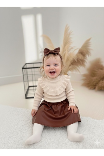 BAHNUR Brown Leather Skirt, Blouse and Bandana Set, Top and Bottom Set