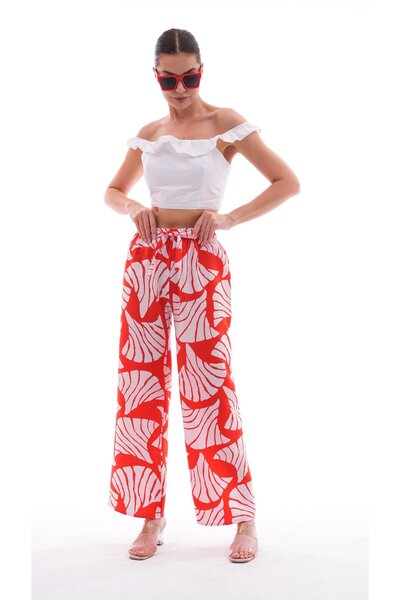 charamela Women's Red and White Patterned Comfortable Fit Palazzo Pants -