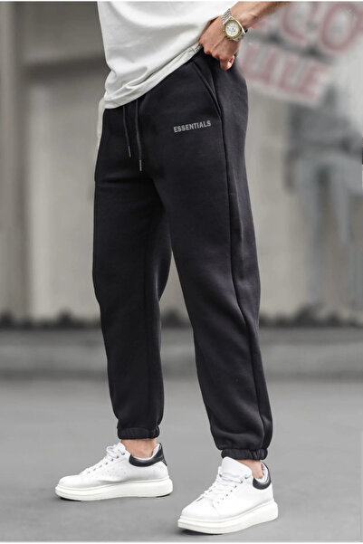 Boi Unisex oversized Νέα σεζόν ESSN 404 Written Essential Sweatpants Jogger - Μαύρο γκρι λαστιχένιο πόδι