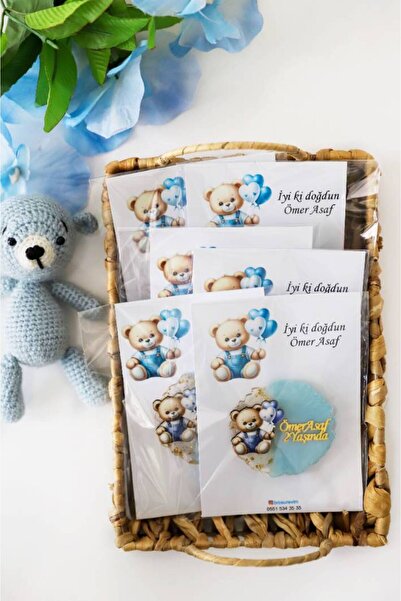 Broşürevim Mavi Balonlu Ayıcık Figürlü Kişiye Özel Erkek Çocuk Doğum Günü Epo...
