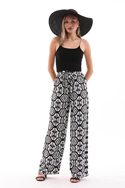 charamela Women's Elastic Waist Black and White Patterned Viscose Palazzo Pants -
